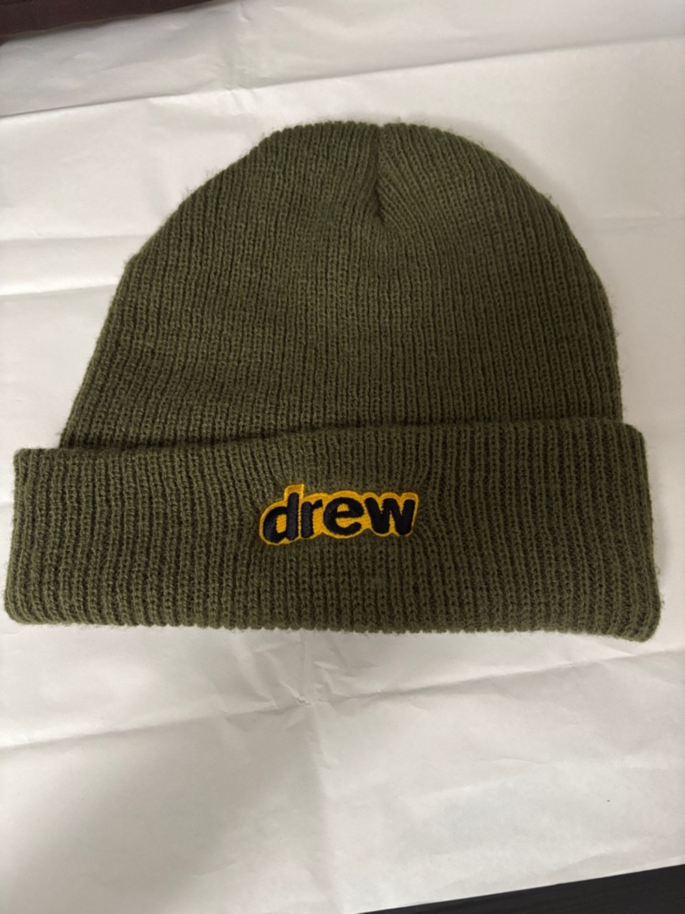 DREW Olive Knit Beanie with Yellow Logo Patch